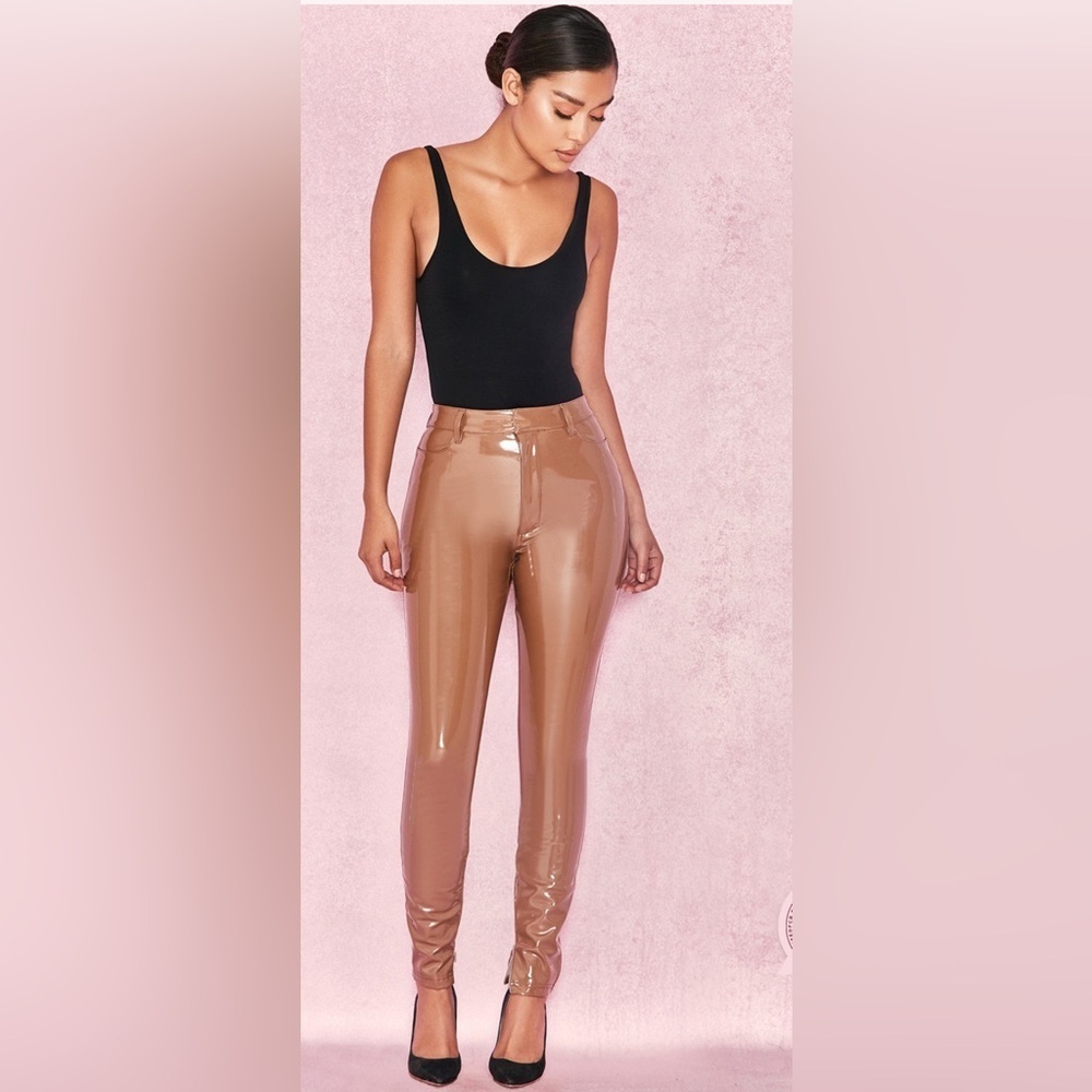 House of CB London Haridan Coffee Tan Vinyl Trouser Pants Sz Small